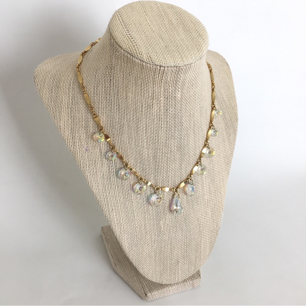 Vintage Sarah Coventry 1960s "Crystal Fire" AB Drop Gold Tone Necklace 16” - Picture 4 of 13